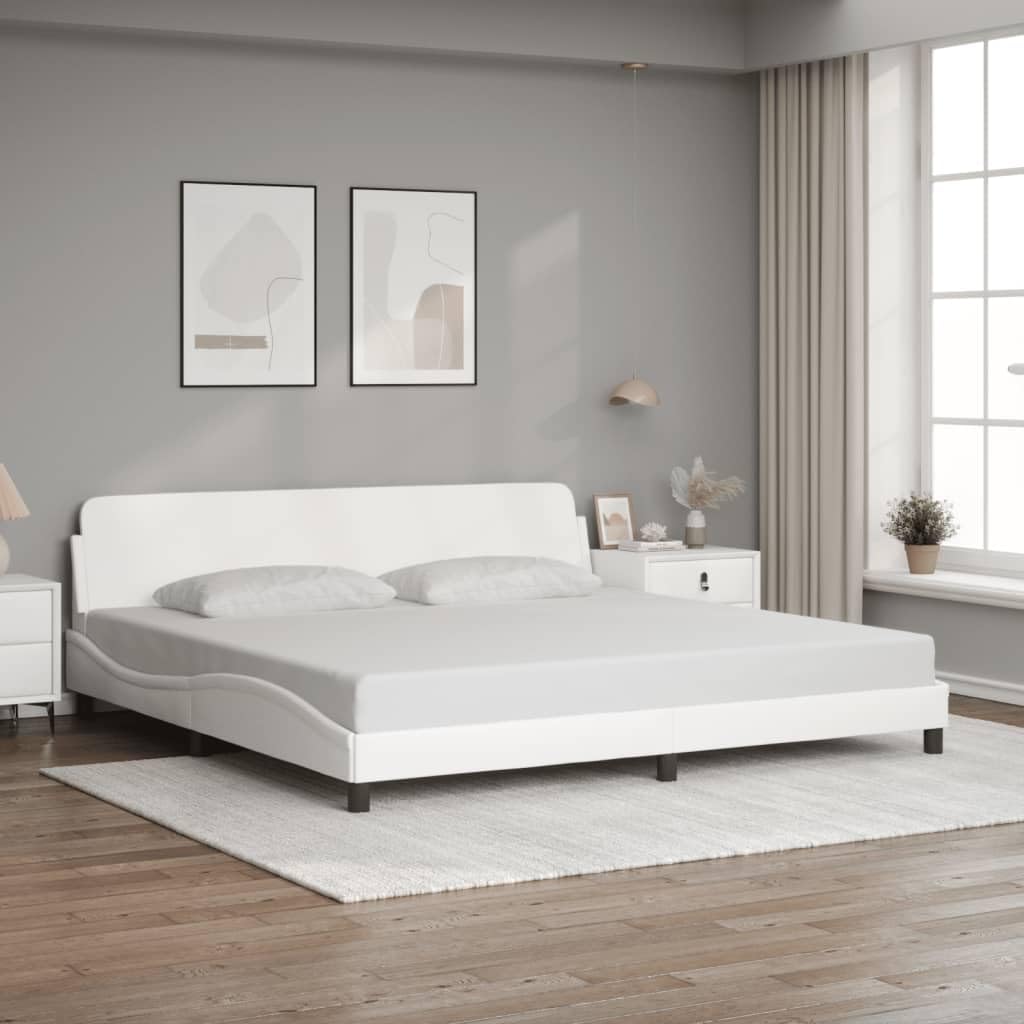 vidaXL Faux Leather King Bed Frame with Headboard - White 76"x79.9" Supportive Plywood Slats, Ergonomic and Luxurious Design for Bedroom