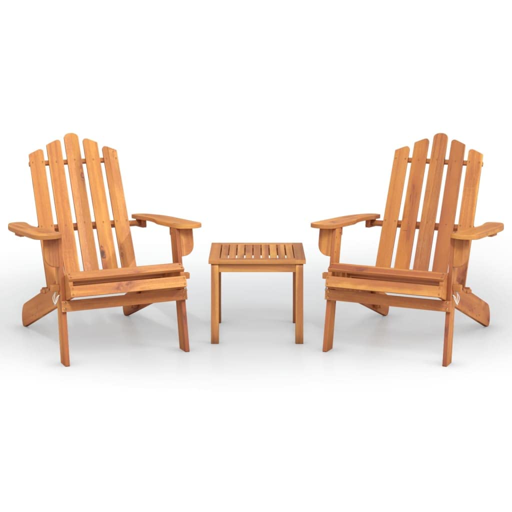 vidaXL 3 Piece Adirondack Patio Lounge Set with Coffee Table - Solid Acacia Wood - Brown - Foldable Design for Easy Storage - High Backrest, Wide Armrests - Comfortable Outdoor Garden Furniture