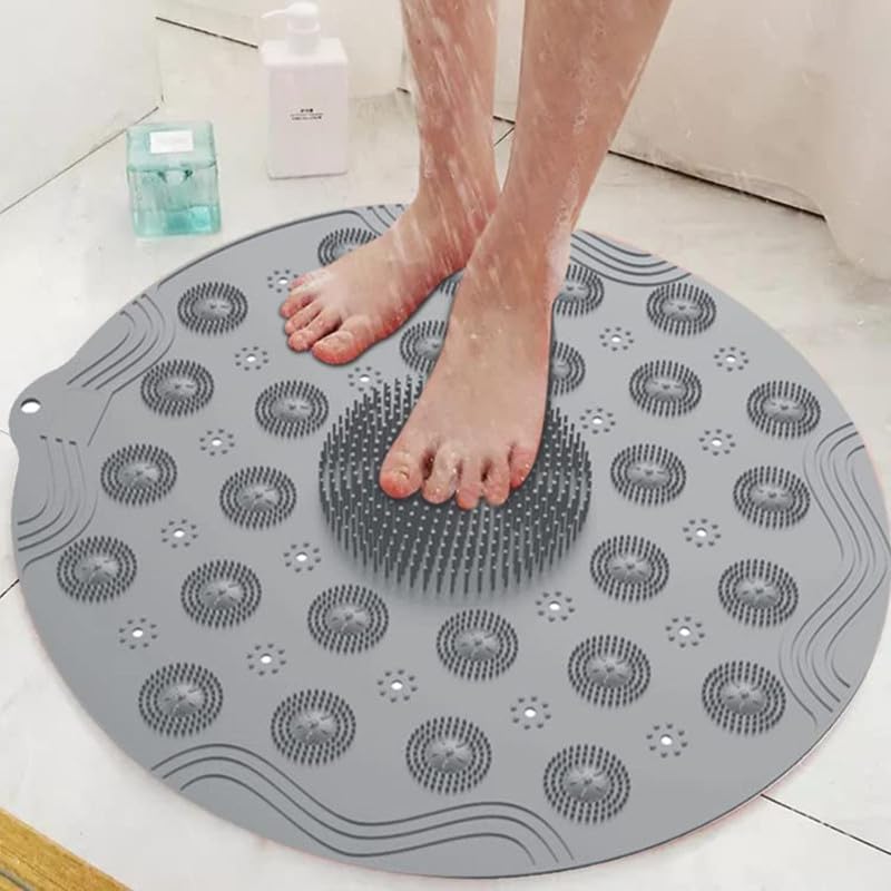 Prapatti Round Silicone Shower Mat | NonSlip Bath Mat with Suction Cups | Antibacterial, AntiMold, Soft Massage Pad with Drain