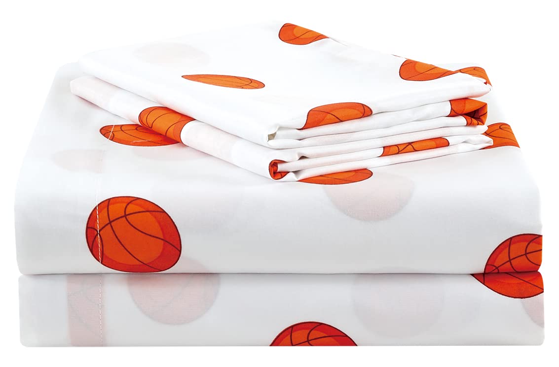 Chezmoi Collection 4-Piece Kids/Teens Sports Sheet Set - Soft Microfiber White Orange Basketball, Full Size
