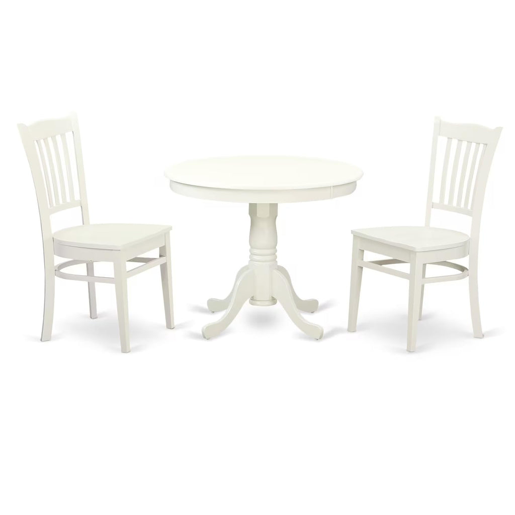 East West Furniture ANGR3-LWH-W 3 Piece Kitchen Table & Chairs Set Contains a Round Dining Room Table with Pedestal and 2 Solid Wood Seat Chairs, 36x36 Inch, Linen White