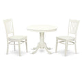 East West Furniture ANGR3-LWH-W 3 Piece Kitchen Table & Chairs Set Contains a Round Dining Room Table with Pedestal and 2 Solid Wood Seat Chairs, 36x36 Inch, Linen White