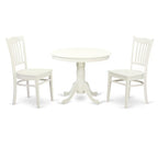 East West Furniture ANGR3-LWH-W 3 Piece Kitchen Table & Chairs Set Contains a Round Dining Room Table with Pedestal and 2 Solid Wood Seat Chairs, 36x36 Inch, Linen White