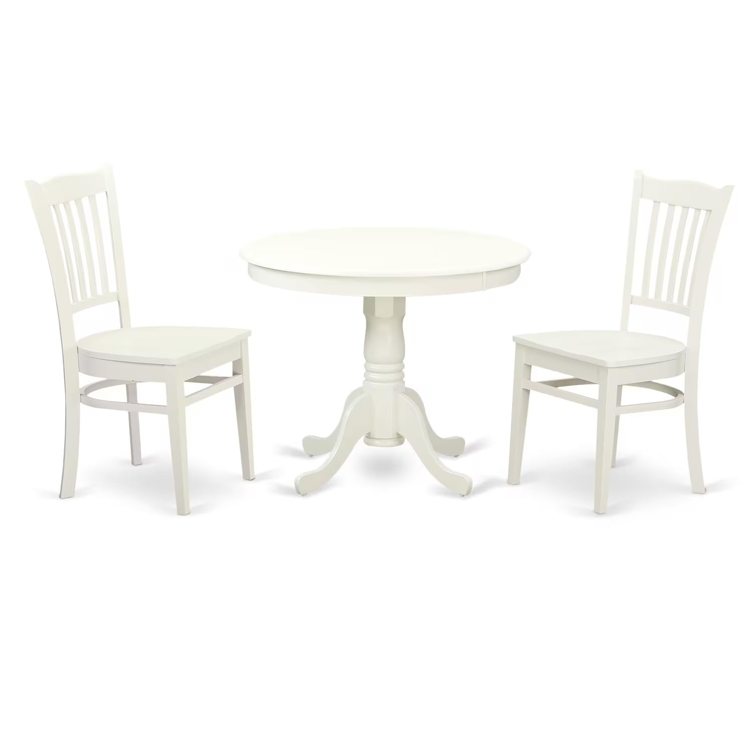 East West Furniture ANGR3-LWH-W 3 Piece Kitchen Table & Chairs Set Contains a Round Dining Room Table with Pedestal and 2 Solid Wood Seat Chairs, 36x36 Inch, Linen White