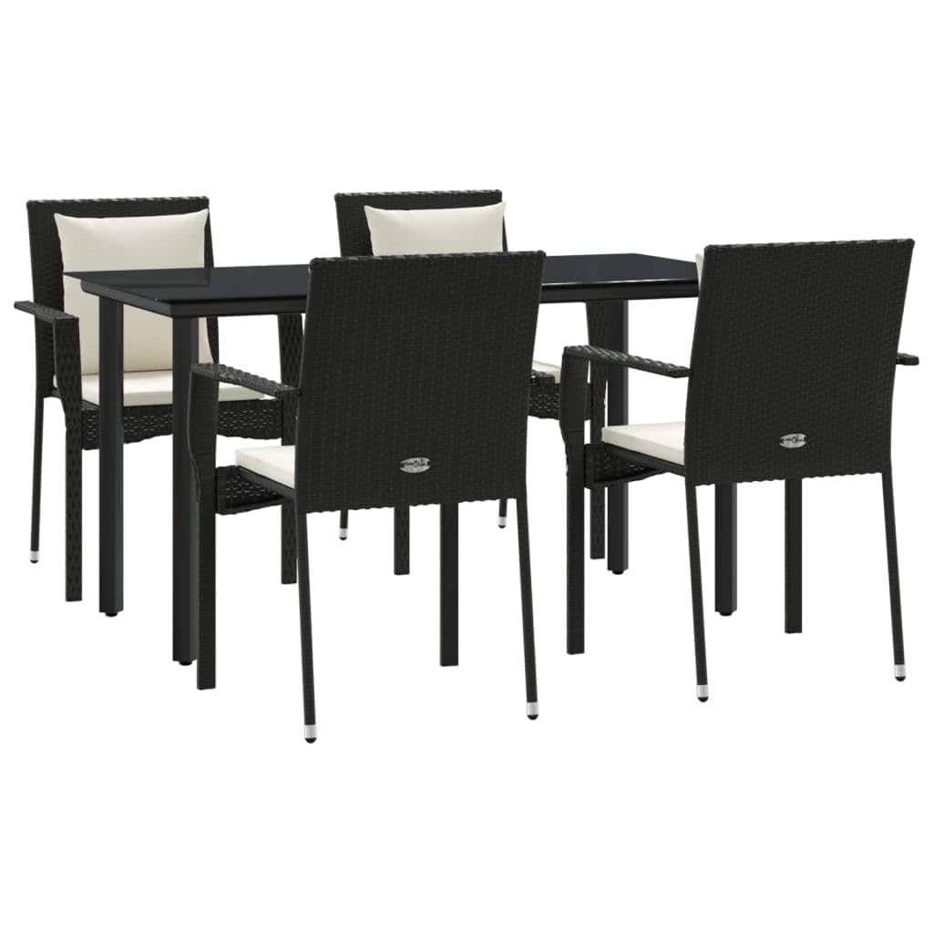 vidaXL 5-Piece Patio Dining Set - Robust Black Poly Rattan with Cushions, Tempered Glass Tabletop, Modular Design, Comfortable Seating, Perfect for Outdoor Dining and Relaxation