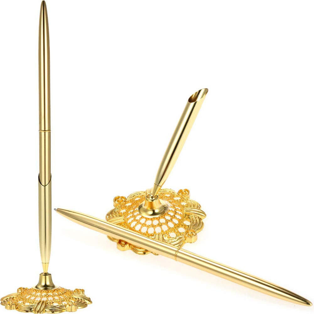 Onwon 2 Pieces Golden Wedding Pen Guest Signing Pen With Hollow Round Pen Holder Sign Writing Pen For Wedding Bridal Golden (Gol