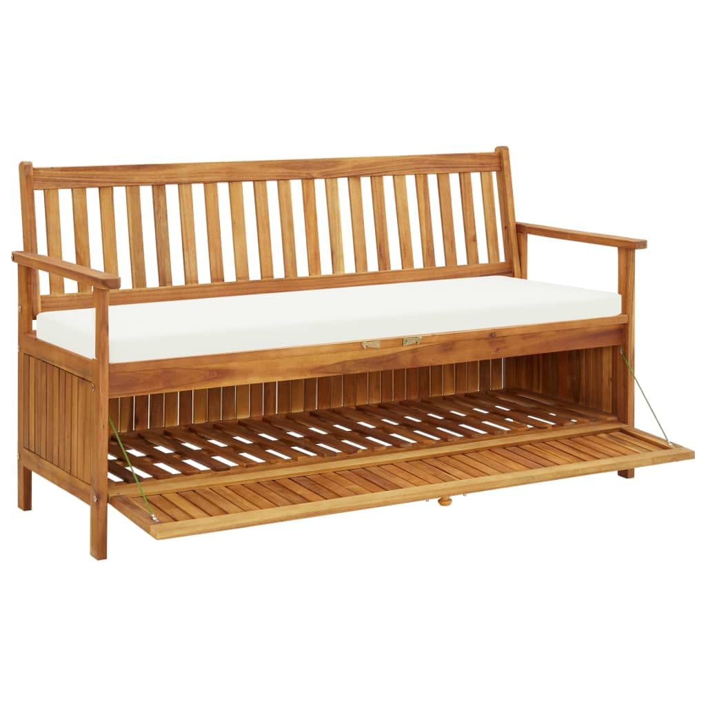 vidaXL Solid Acacia Wood Storage Bench with Cushion - Indoor/Outdoor, Natural Finish, Ample Storage Space, Easy Assembly, Brown and White, 58.2&quot;