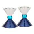Zion Judaica Modern Tealight Candles or Thick Tapered Shabbat Candlestick Holders Set - Anodized Metal Blue Tones & Silver Candl