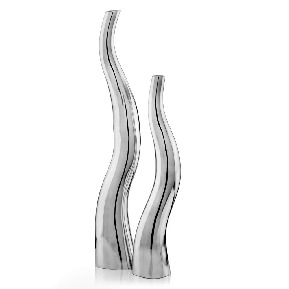 HomeRoots Set of 2 Modern Tall Silver Squiggly Floor Vases