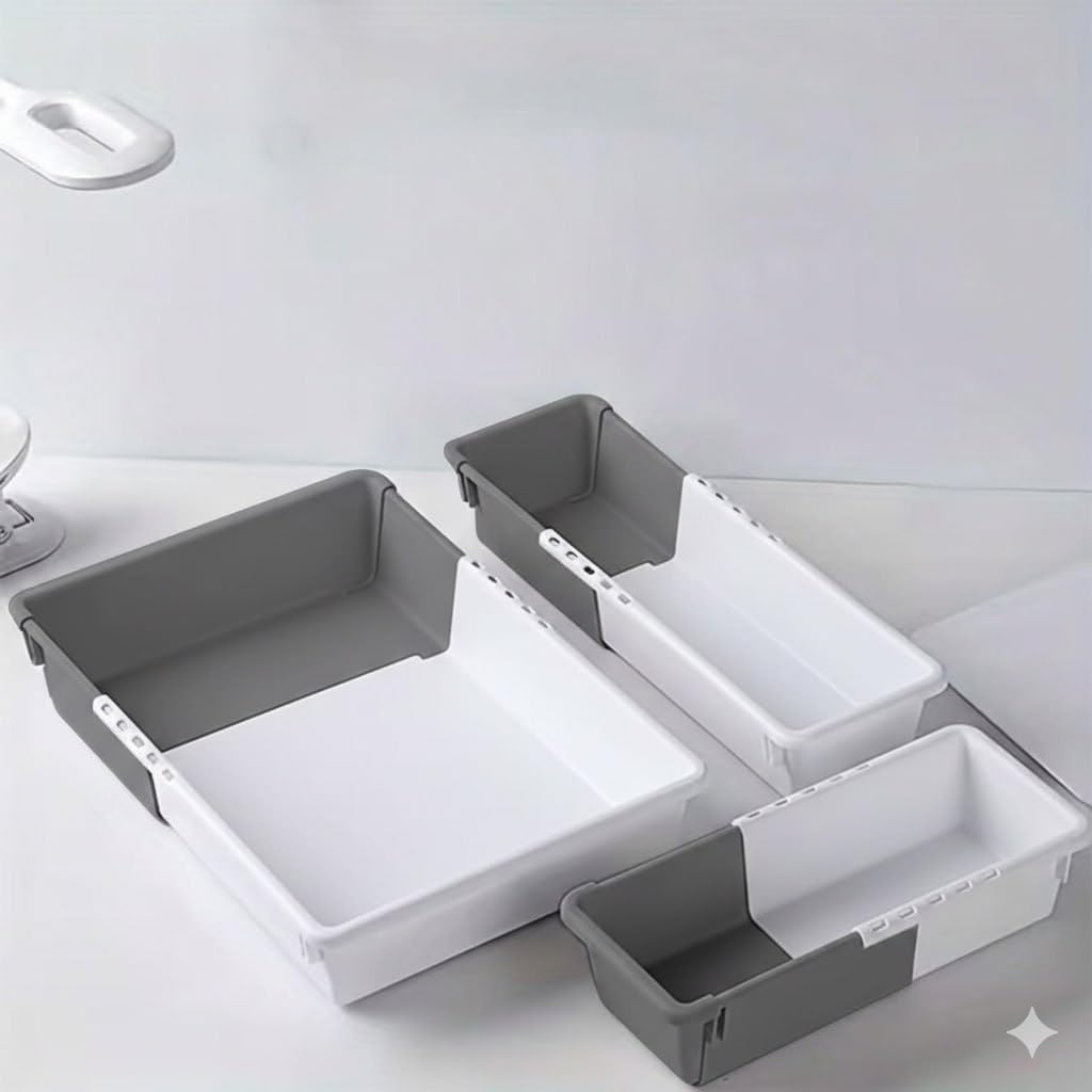 Janc Enterprise Expandable Drawer Organizer Box Set Of 3 With Adjustable Dividers White & Grey Plastic Cutlery Tray Multipurpose