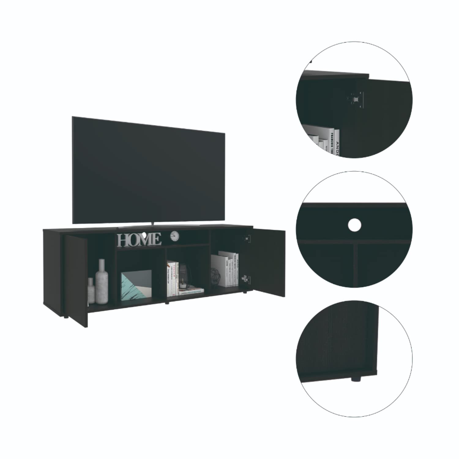 Depot E-Shop Dallas Tv Stand, Two Cabinets With One Door, Four Shelves, Countertop, Black, For Living Room