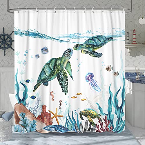 Fowocu Sea Turtle Extra Long Shower Curtain Teal Blue Ocean Waterproof Fabric Shower Curtains For Bathroom With Funny Animal Oct