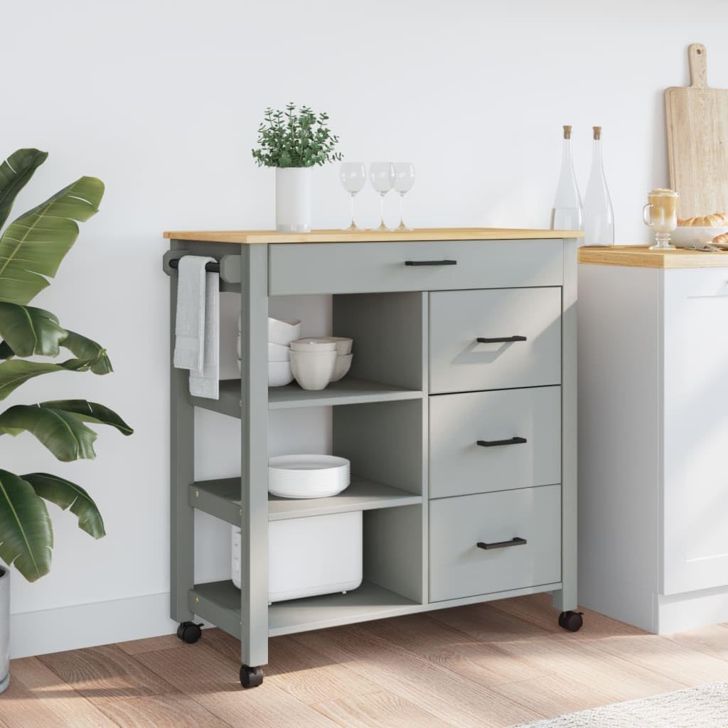 vidaXL Kitchen Trolley - Rolling Storage Cart with Drawers/Shelves, Solid Pine Wood, Lockable Wheels, in Gray/Honey Wax, 33.1x15.7x35.4