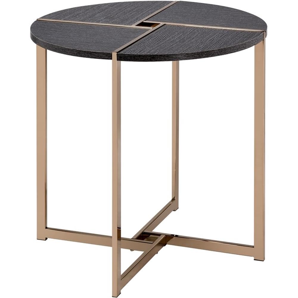 Acme Bromia Round Wooden End Table in Black and Champagne