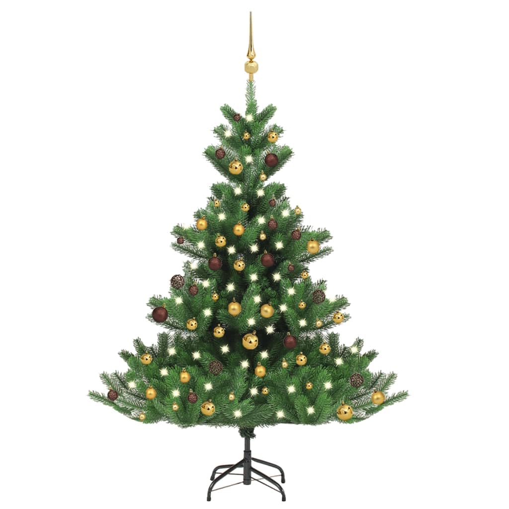 Vidaxl Nordmann Fir Artificial Christmas Tree - Led&Ball Set In Green And Gold- Pe Construction And Steel Stand - Christmas Tree With Energy-Efficient Led Lights - 82.7&quot; Tall