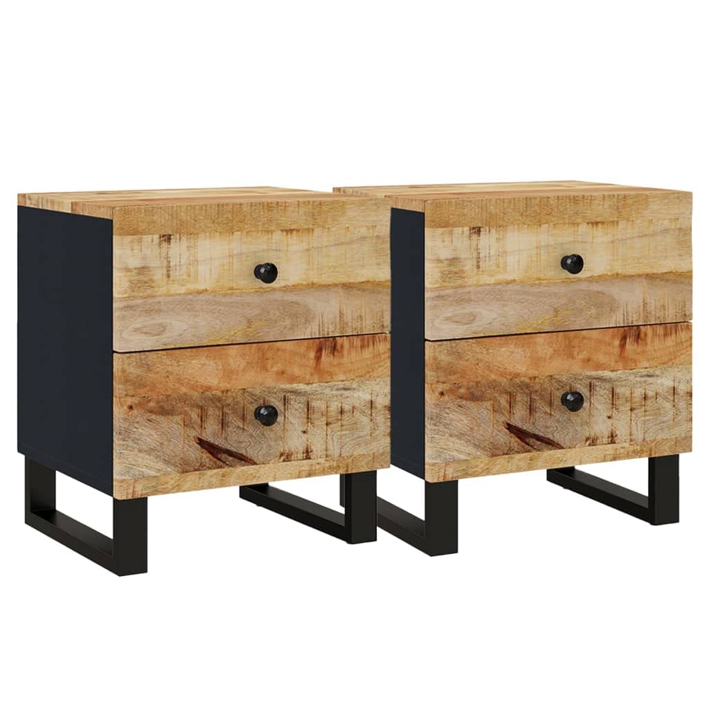 vidaXL Set of 2 Bedside Cabinets in Solid Mango Wood and Iron | Industrial Style Nightstands | Black Rectangular End Tables with Unique Grain and Color Variations