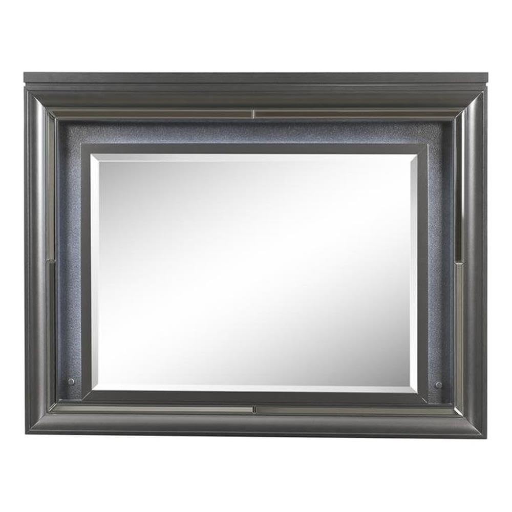 Acme Sawyer Rectangular Wooden Frame Mirror With Led In Metallic Gray