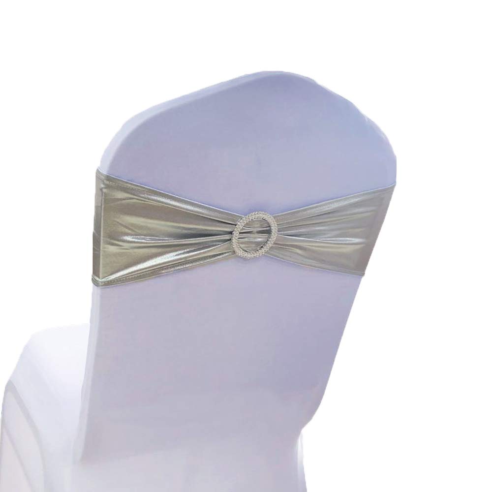 Sinssowl Pack Of 50Pcs Elastic Slider Chair Sashes Stretch Spandex Chair Cover Band Bows Buckles For Wedding Banquet Birthday Party Decoration-Metal Silver, 50 Pieces