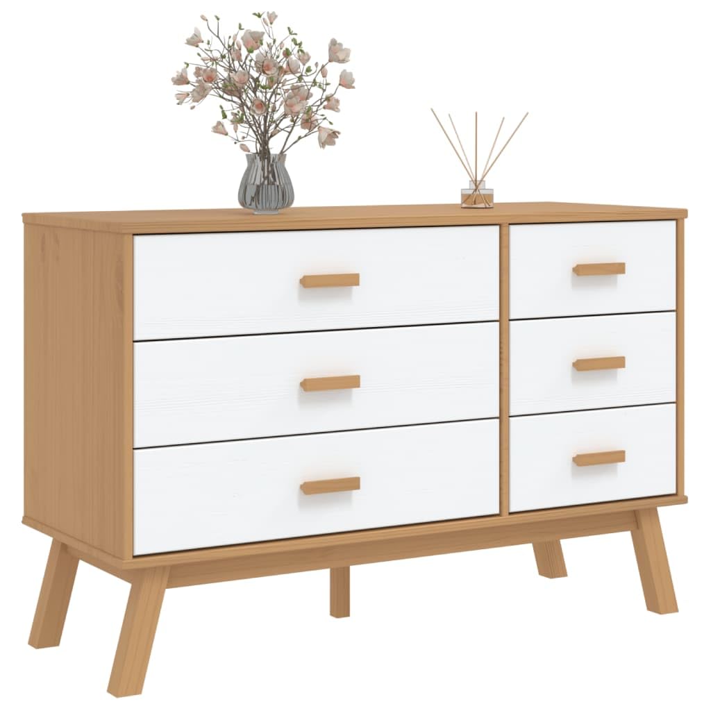 vidaXL Drawer Cabinet Storage Sideboard - White/Brown Solid Pine Wood, 6-Drawer Organizer for Hallway, Bedroom, Living Room, and Office - 43.7&quot;x16.5&quot;x28.9&quot;