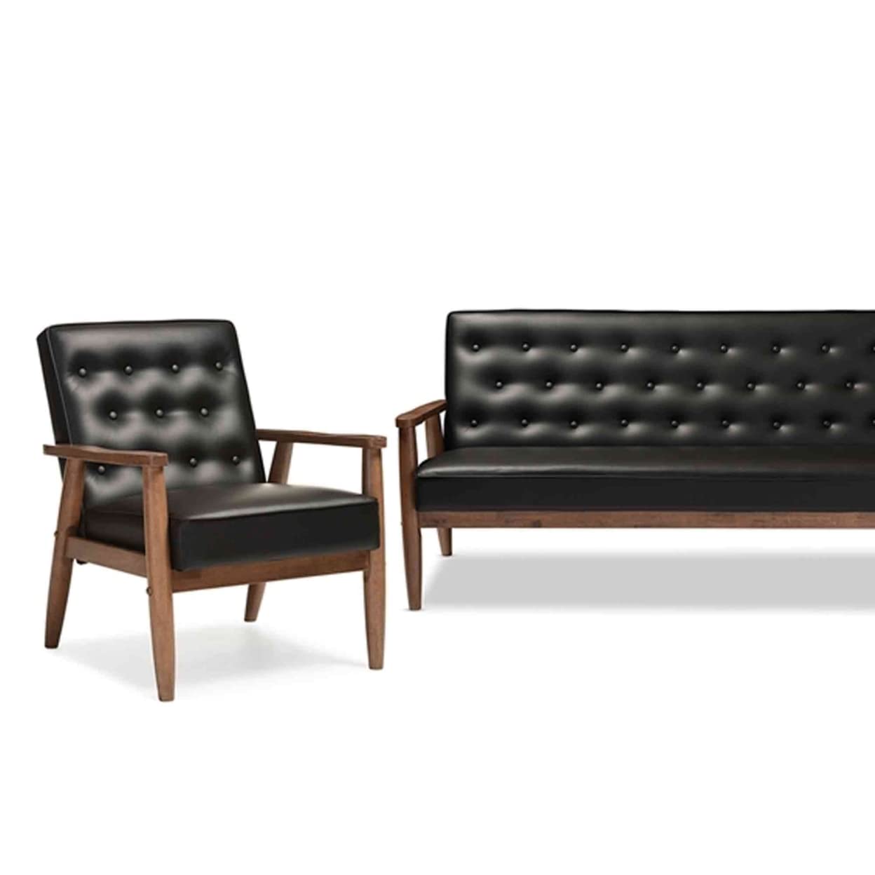 Baxton Studio Sorrento Mid-Century Retro Modern Black Faux Leather Upholstered Wooden 3 Piece Living Room Set