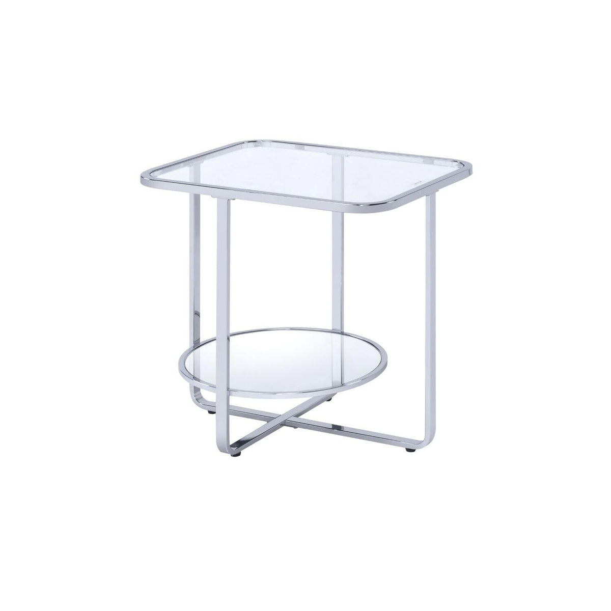 Acme Hollo Rectangular Glass Top End Table with Shelf in Chrome and Mirrored