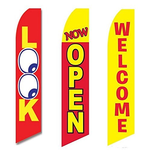Three Swooper Flag Combo Look Now Open Welcome Red Yellow Advertising