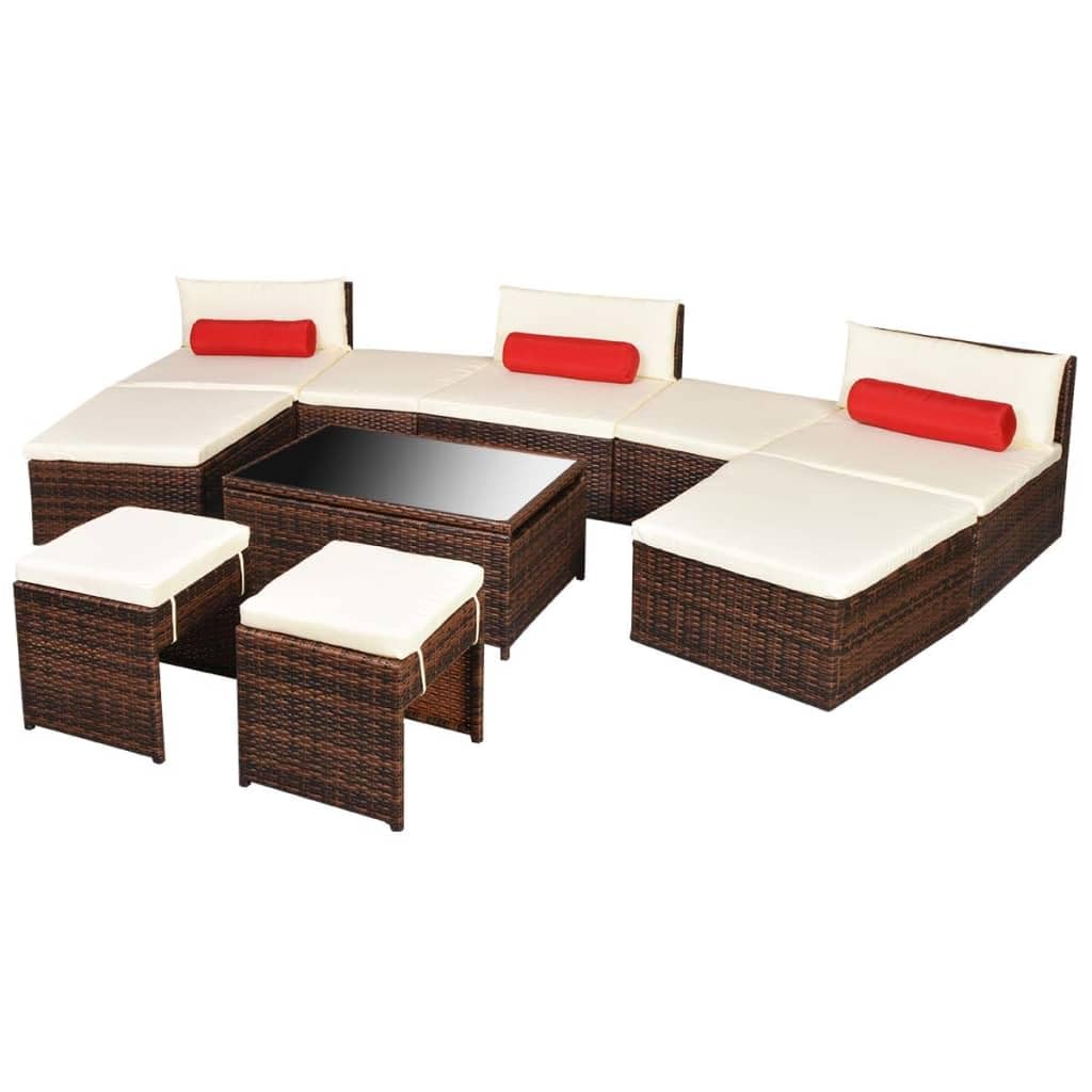 10 Piece Patio Lounge Set with Cushions Poly Rattan Brown