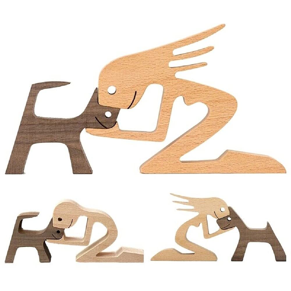 Fhtdw Unique Gift Hand Carved Wood Dog Human Statue Figurine Sculpture Home Office D  Cor, Wooden Man Dog Carving Model To Remem