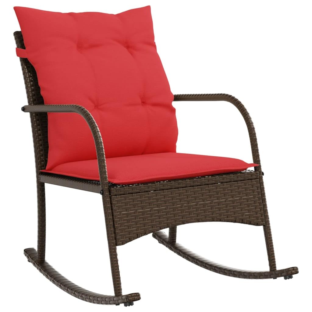 vidaXL Garden Rocking Chair - Brown Poly Rattan - Red Cushions - Outdoor Patio Seat - PE Rattan Lounger - 54x50 cm Seat - Powder-Coated Steel Frame - 60x87x80 cm