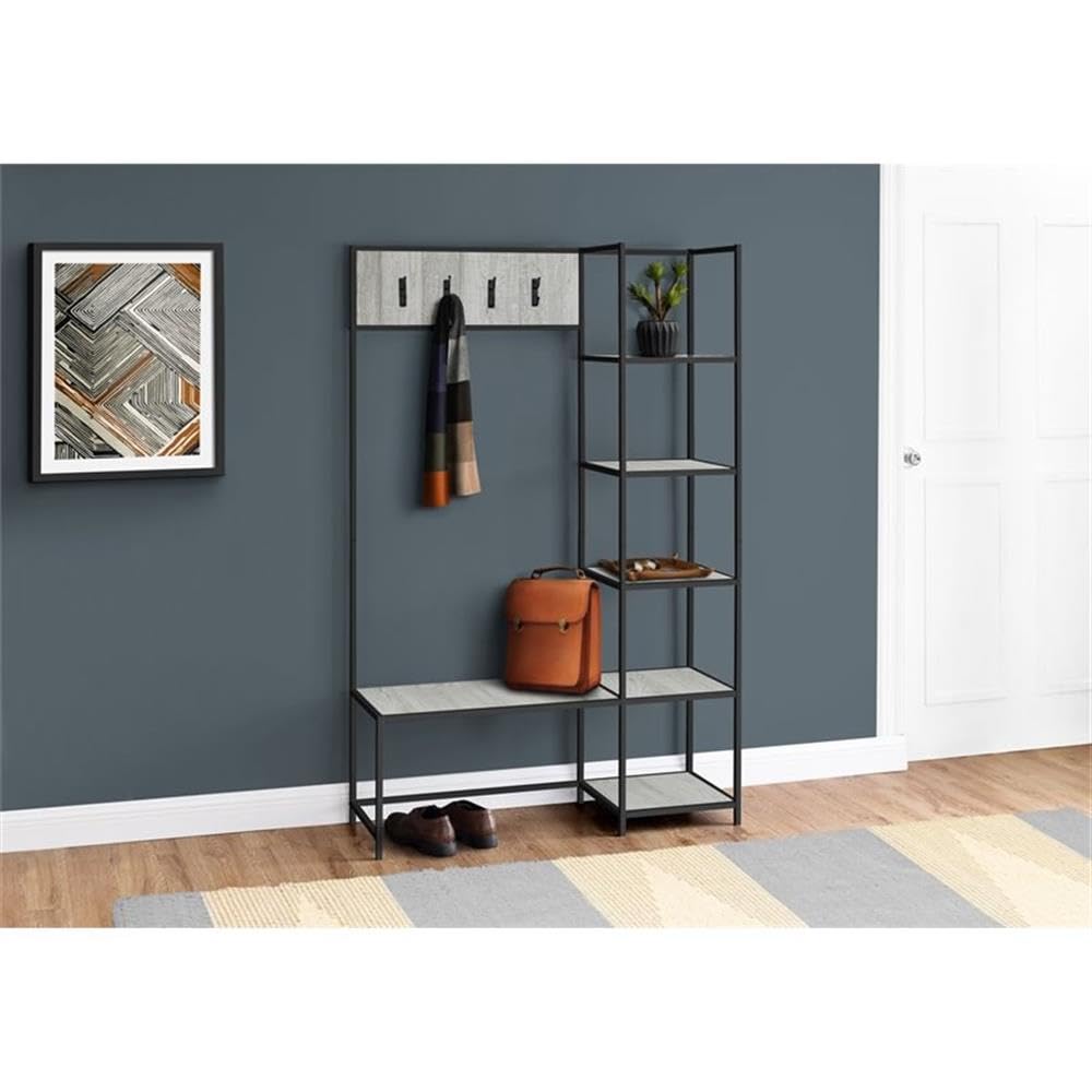 Monarch Specialties 4512 Bench, Entryway, Hallway, Storage, Organizer, Coat Rack, Hall Tree, Laminate, Contemporary, Modern Bench-72 H Grey Black Metal Entry, 45.5' L x 15.75' W x 71' H