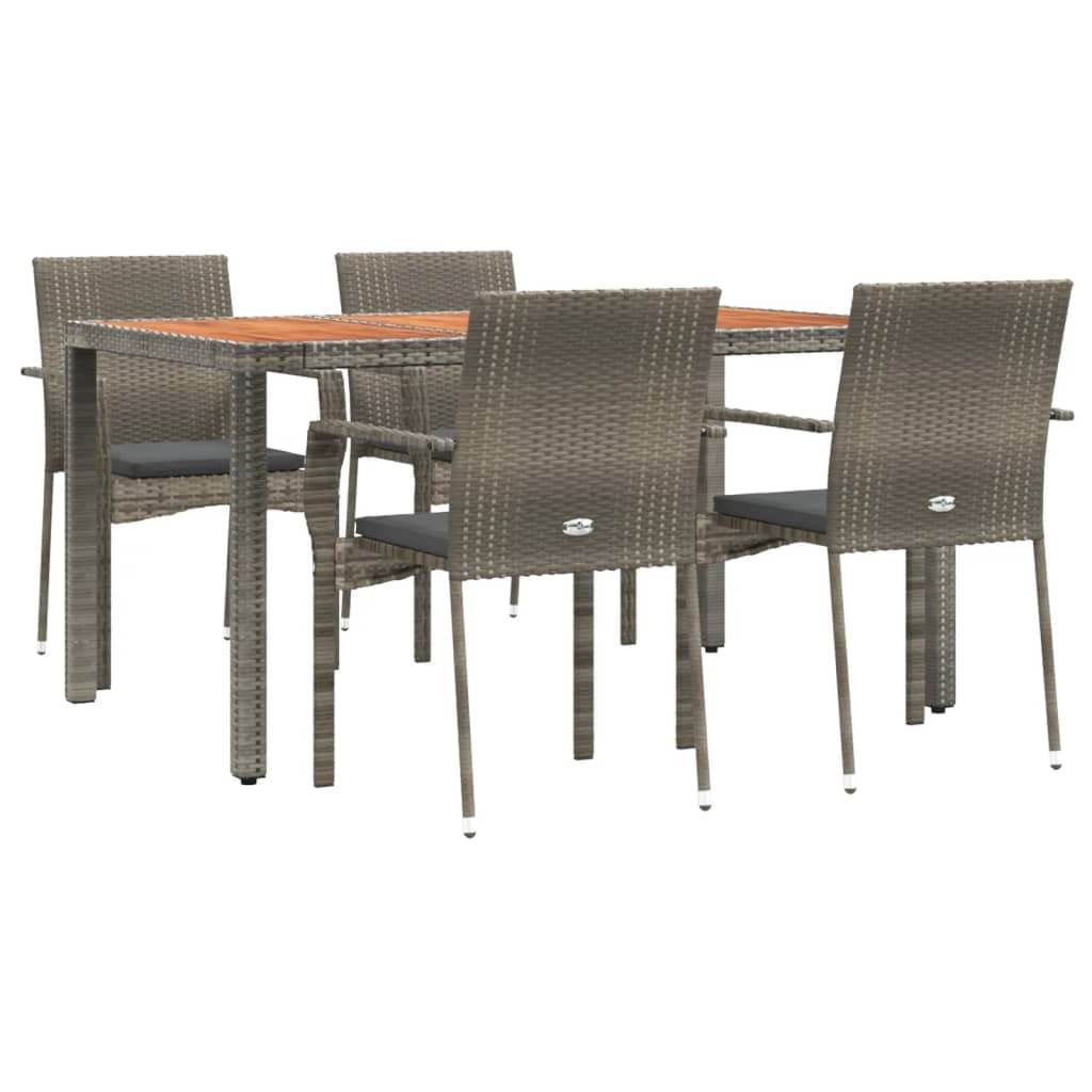 vidaXL 5-Piece Outdoor Patio Dining Set – Weather-Resistant Gray Poly Rattan Furniture with Cushions, Acacia Wood Tabletop – Modern Lounge Set for Garden Comfort and Style
