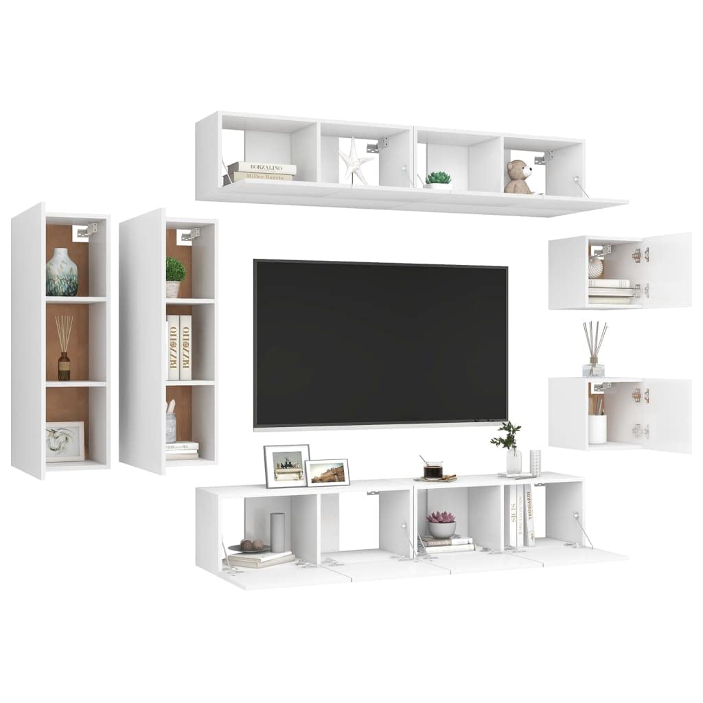 vidaXL TV Stand Set 8 Piece Home Living Room Bedroom Furniture HiFi Stereo Cabinet TV Stand Media Unit Entertainment Center Engineered Wood White