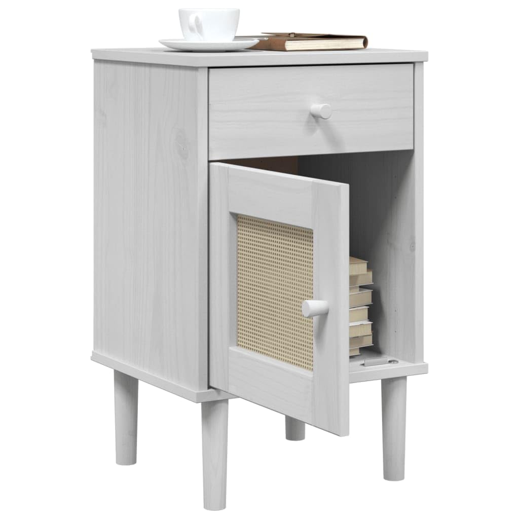 vidaXL SENJA Bedside Cabinet, Rattan Look, Sleek Design, Solid Pine Wood with UV Varnish, Practical Storage, White 15.7&quot;x13.8&quot;x25.6&quot; for Bedroom, Living Room