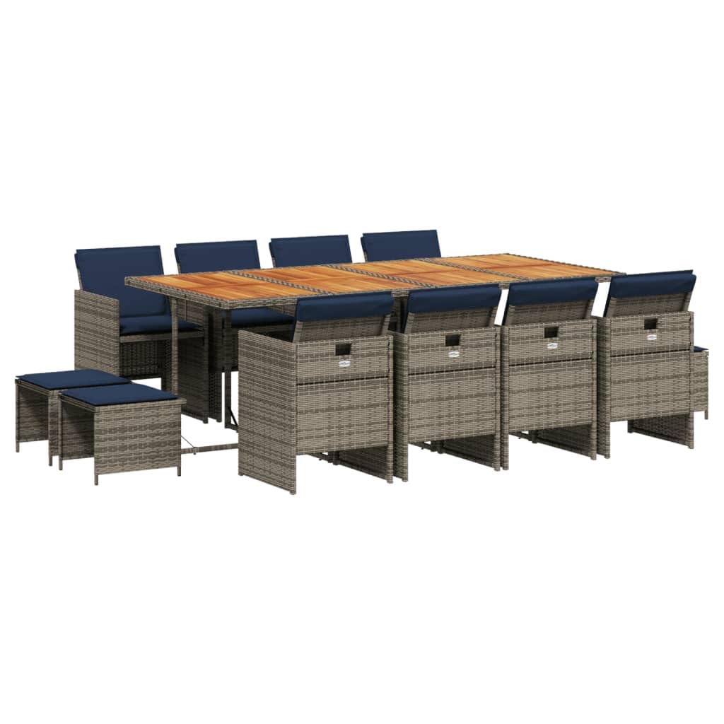vidaXL Patio Dining Set 13 Piece with Cushions Gray Poly Rattan Acacia Table for Garden Patio Backyard