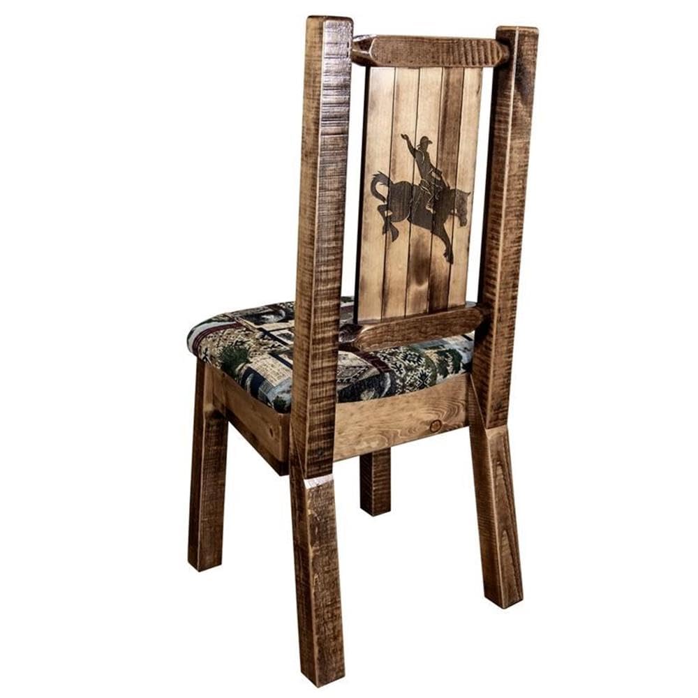 Montana Woodworks Homestead Collection Side Upholstered Chair, Woodland Pattern with Laser Engraved Bronc Design, Stain & Lacquer Finish