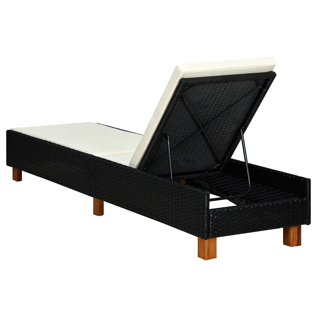 vidaXL Sunbed with Adjustable Backrest and Thick Cushion - Weather-Resistant PE Rattan and Sturdy Acacia Wood Legs - Versatile & Comfortable Outdoor Furniture, Black