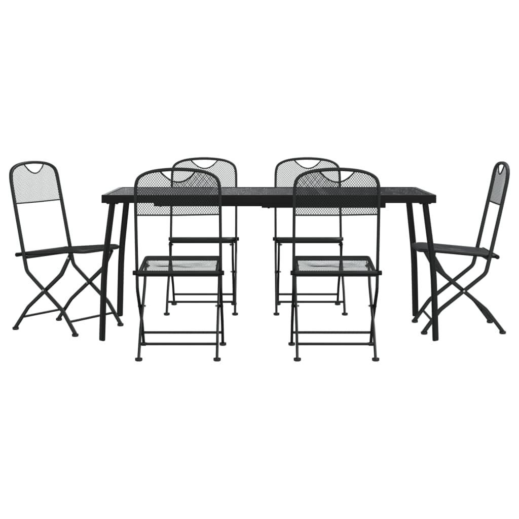 vidaXL Anthracite Metal Mesh Patio Dining Set - 7 Piece Industrial Style Garden Furniture with Foldable Chairs and Spacious Tabletop