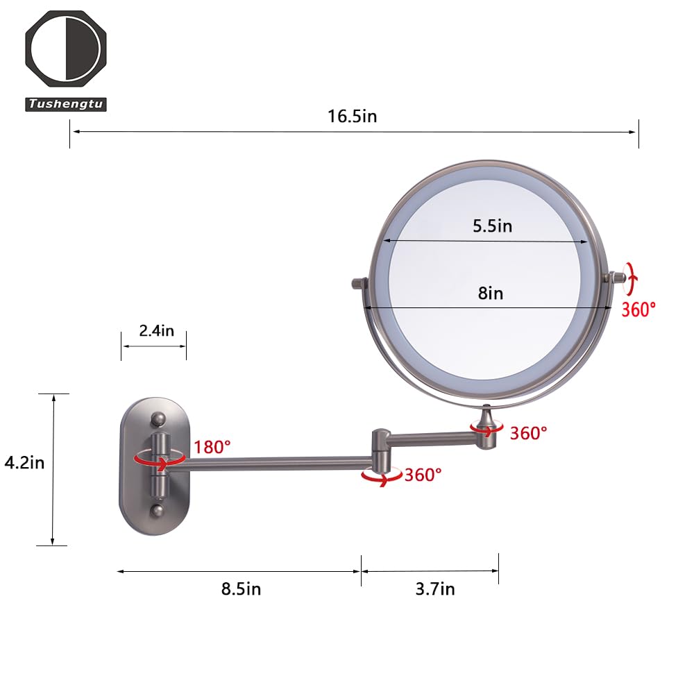 Rechargeable Wall Mounted Lighted Makeup Vanity Mirror With 10X/1X Magnification For Shaving, 8Inch Brushed Nickel Magnifying Mi