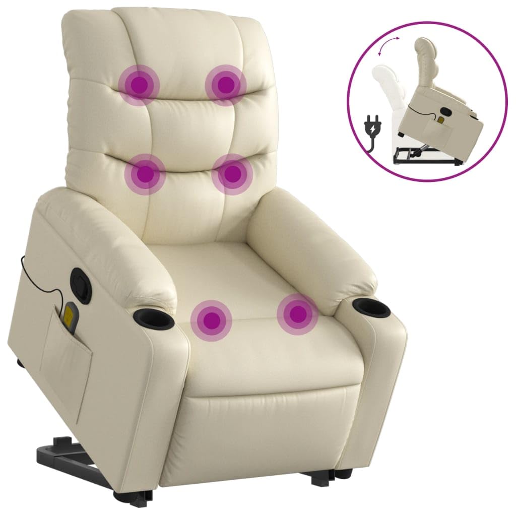 vidaXL Power Lift Massage Recliner Lounge Chair-Manual Recline, Vibration, Padded Faux Leather - Cream