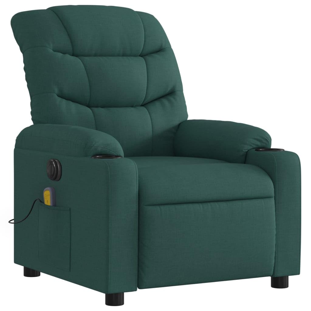 vidaXL Electric Massage Recliner Chair - Wingback, Vibrating, Motorized Recline, Cupholders, Side Pocket, Dark Green Fabric, Cozy Armchair for Living Room/Office