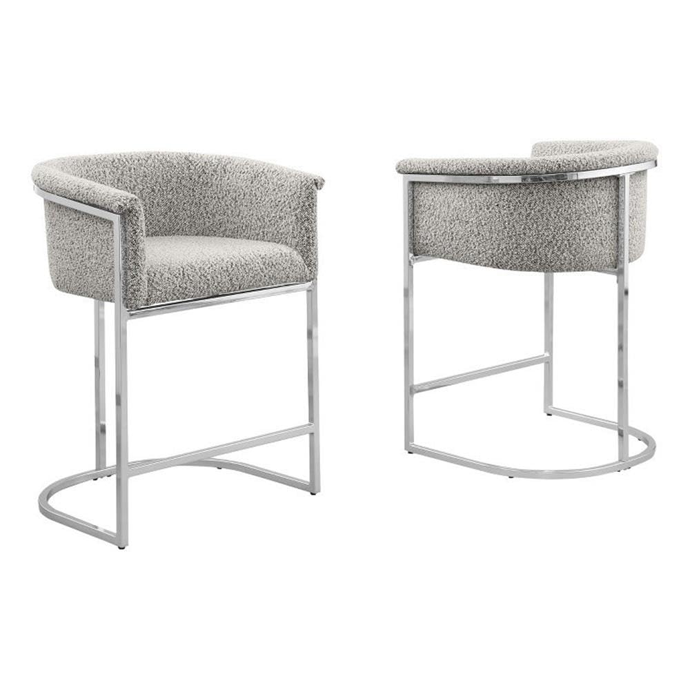 Best Quality Furniture Set Of 2 Modern Boucle Fabric Accent Counter Height Stools - Barrel Design, Chrome Legs, Rich Gray, Silver Leg Finish