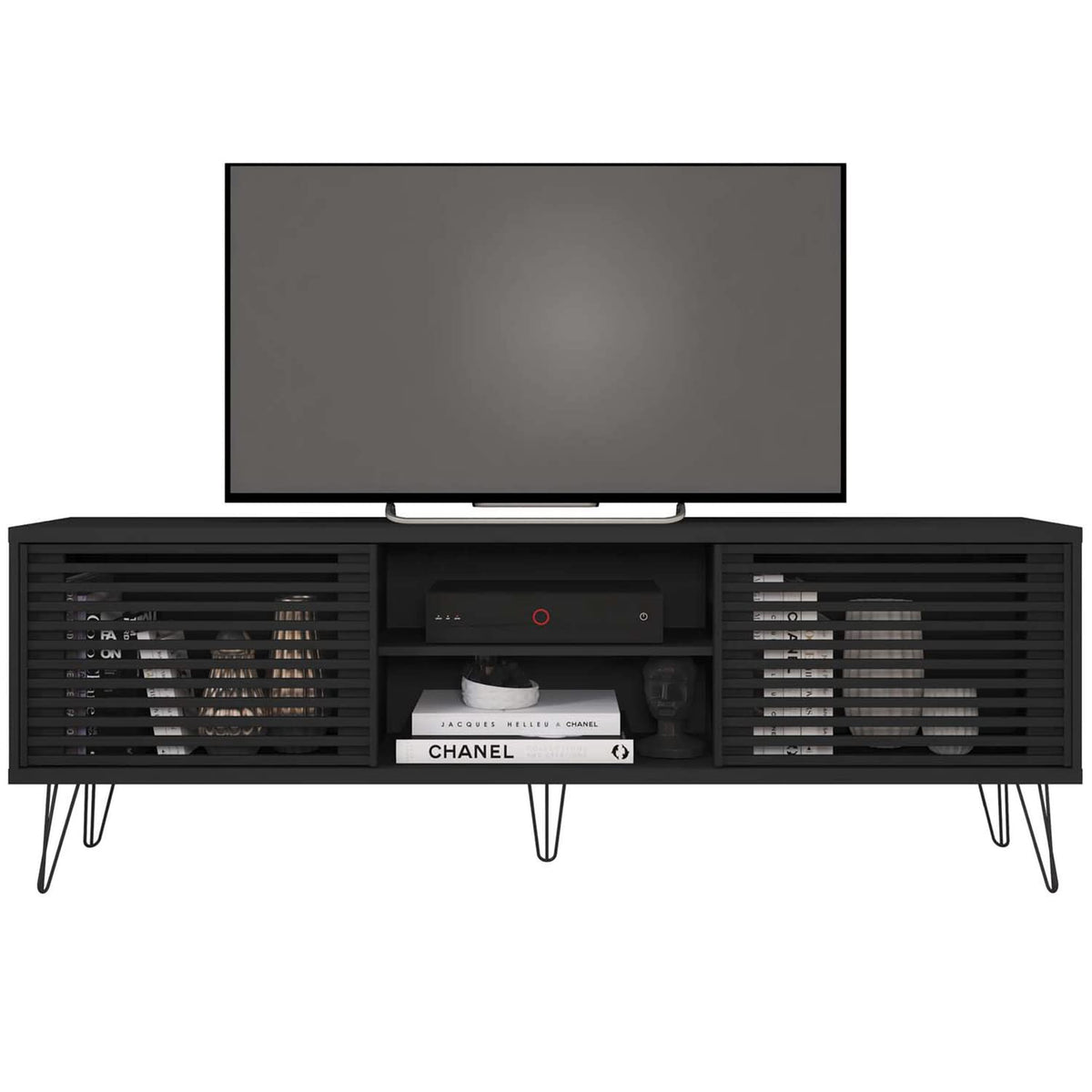 Better Home Products Frizz Mid-Century Modern TV Stand for up to 70 Inches TV in Black/Easy Assembly