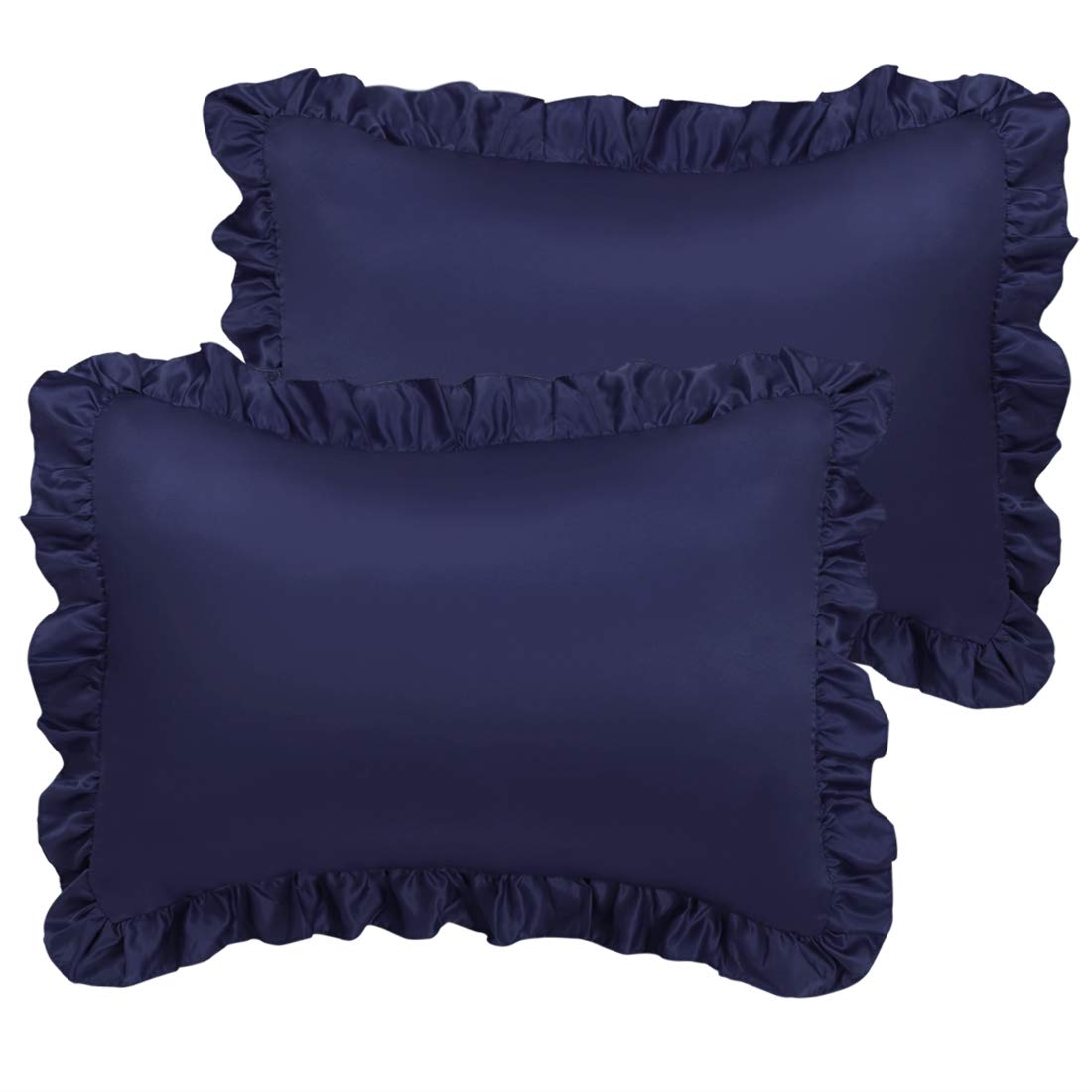 PiccoCasa Satin Pillow Cases for Hair and Skin, 2-Pack-Ruffled Pillow Shams Oxford Pillowcases Covers with Envelope Closure Navy