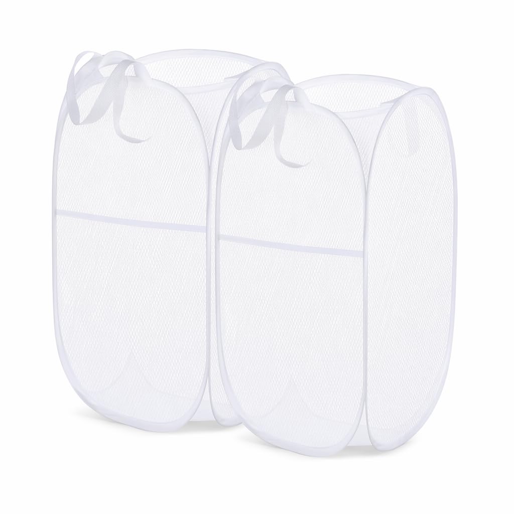 ZCFLCK 2Pack Mesh Pop Up Laundry Hamper with Side Pocket, White