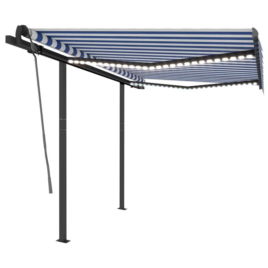 vidaXL Manual Retractable Awning with LED - Rust-Resistant Aluminum Frame, Adjustable and Water-Resistant Polyester Fabric, Ideal for Patio, 9.8'x8.2', Blue and White Stripe Design