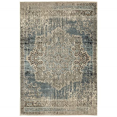 HomeRoots Polypropylene 7’x10’ Blue and Ivory Medallion Area Rug