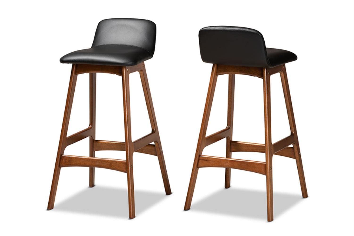 Baxton Studio Darrin Mid-Century Modern Black Faux Leather Upholstered and Walnut Brown Finished Wood 2-Piece Bar Stool Set