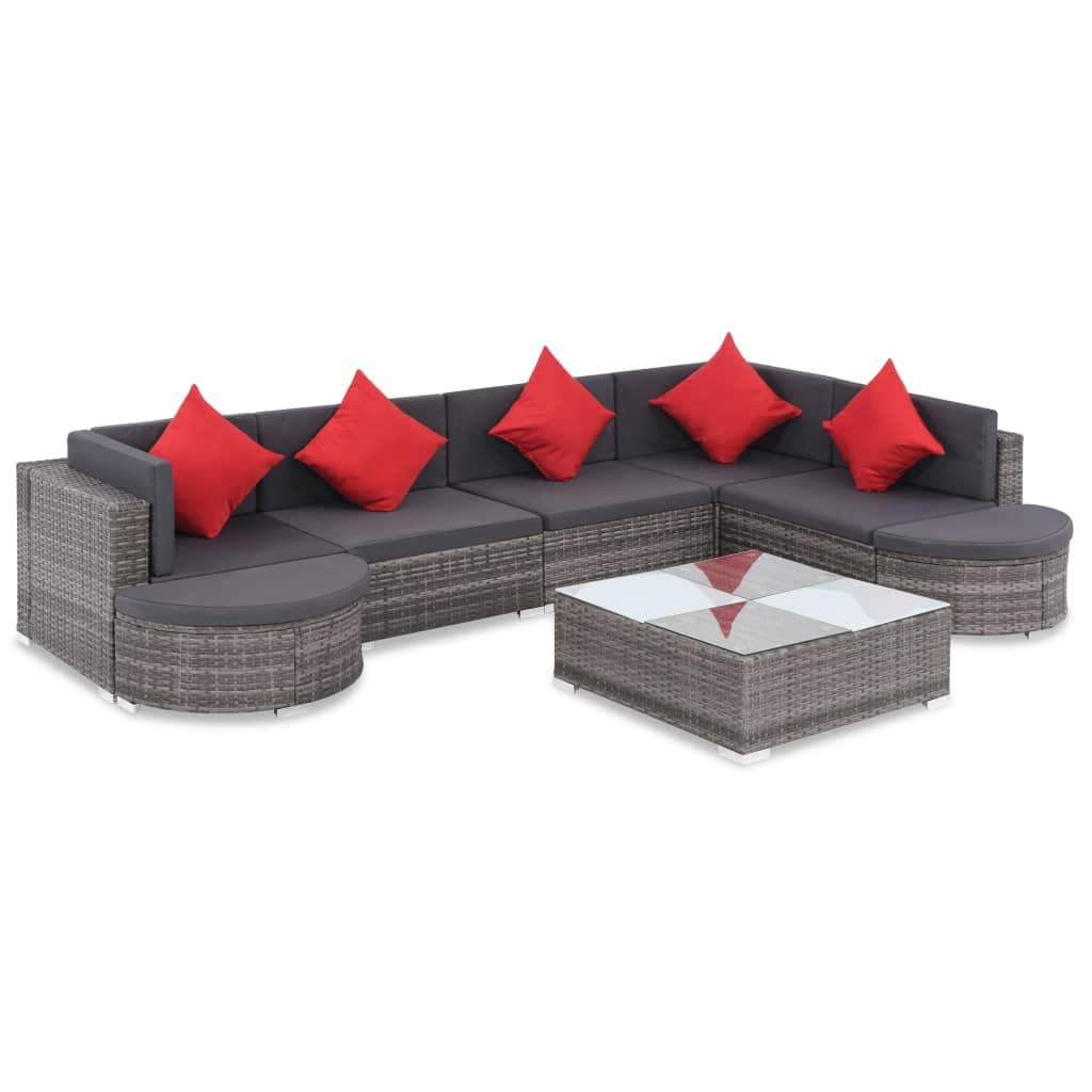 vidaXL Gray Poly Rattan Patio Lounge Set - 8 Piece Sofa Set with Cushions and Glass Tabletop for Garden and Outdoor Living