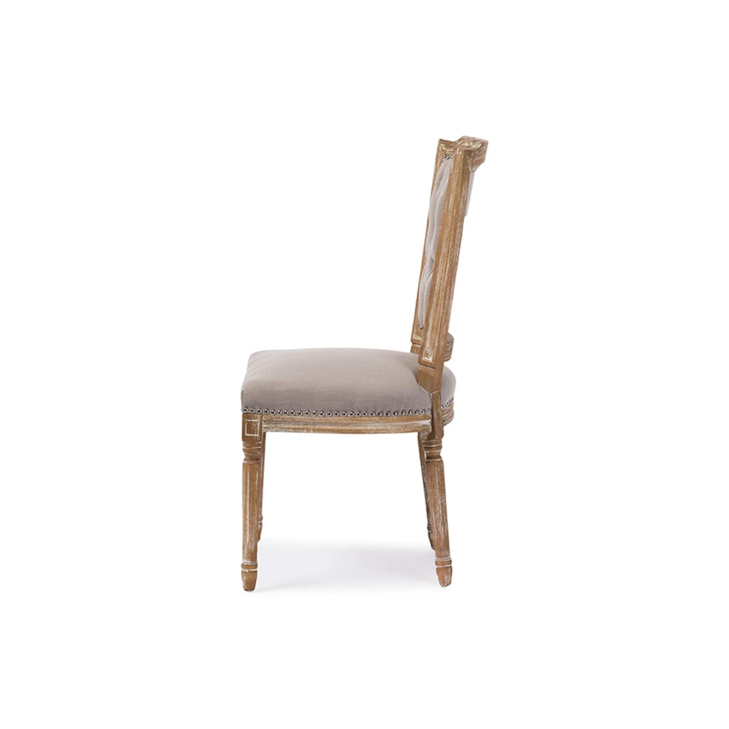 Baxton Studio Estelle Shabby Chic Rustic French Country Cottage Weathered Oak Linen Button Tufted Upholstered Dining Chair, Medium, Beige