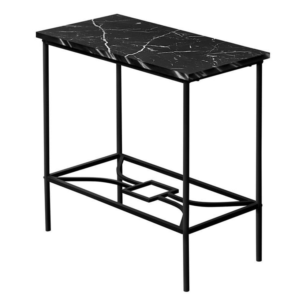 Monarch Specialties 2074 Accent Table, Side, End, Narrow, Small, 2 Tier, Living Room, Bedroom, Laminate, Contemporary, Modern Table-22, 23.75&quot; L x 11.75&quot; W x 22&quot; H, Black Marble-Look/Black Metal